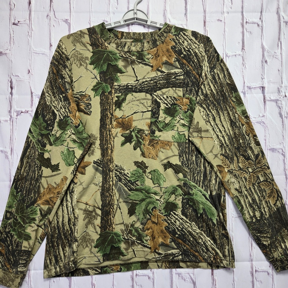 Y2K Realtree Shirt Camo Long Sleeve Pocket Tee Hunting Camouflage Casual Mens XL